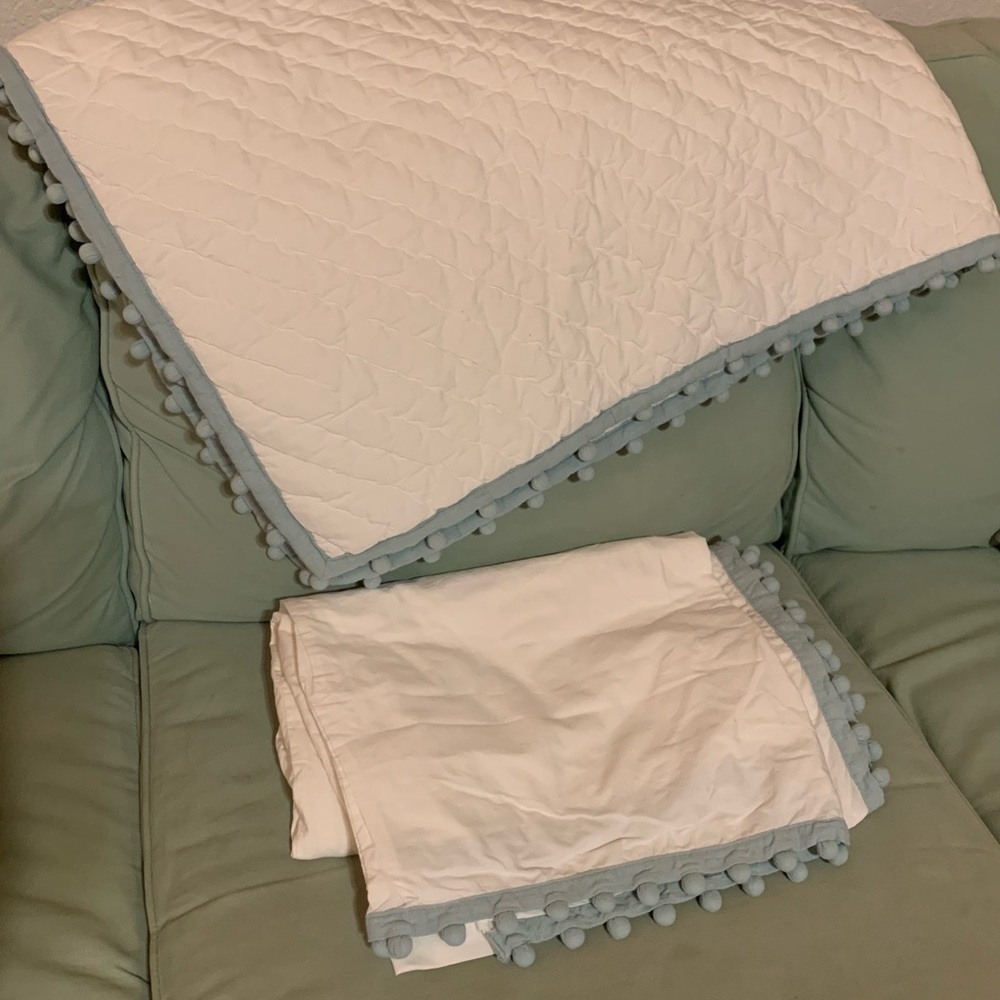 Pottery Barn Baby Pom Pom Crib Quilt, Skirt, Pillow - Sky Blue